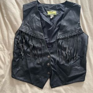 Black faux leather western style vest with fringe detail